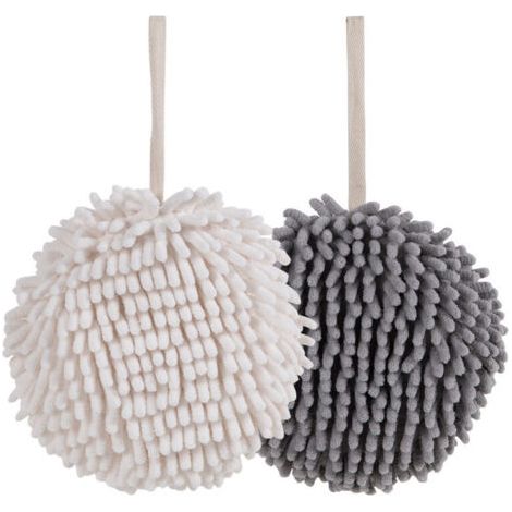 BUNTHAUS PA Fuzzy Ball Handtuch-Sets aus 2 Weiß und Grau – Trocknen Sie Ihre Hände sofort und bequem mit diesem kreativen Badetuch-Set. Dekorative Handtücher für das Badezimmer, 2er-Pack (1/4)