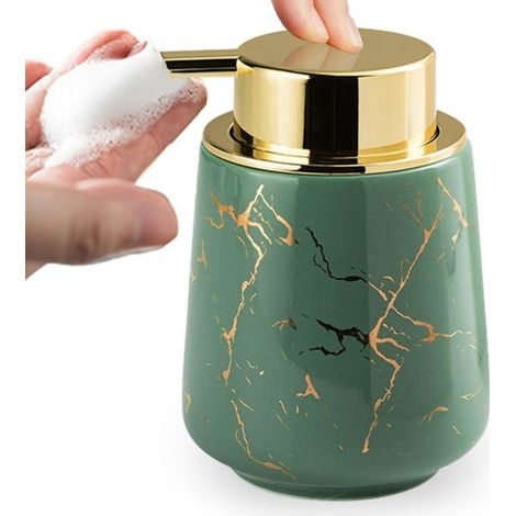 BelleRise - Céramique Mousse Distributeur de Savon, 380ML Motif Marbre avec Grande Tête de Pompe Distributeur de Salle de Bain, Vert (1/5)