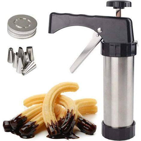 1 - Churrera - Machine à churros - Acier inoxydable - Fabrication de biscuits et desserts - Usage domestique et professionnel - Argenté - 22x13cm