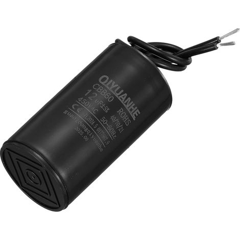 Condensateur 12uF 450V AC 2 Fils 50/60Hz Condensateur de Démarrage du Moteur Cylindrique 34x60mm pour Compresseur d'Air et Pompe à Eau, Noir (1/5)