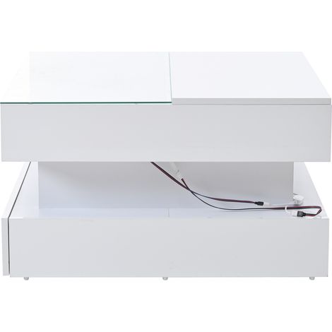 Mesita de centro cuadrada 80x80x45 cm con elevación, 2 cajones y LED, blanca (1/5)