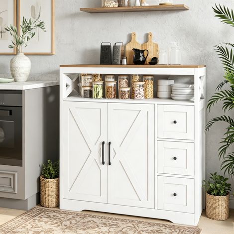 JOOKGBD-Credenza 100x40x105 cm,Mobile da Giorno con Cassetti e Ante,Armadio da Cucina con Ripiani Regolabili e Compartimento Aperto,Credenza Sala da Pranzo per Soggiorno Cucina,Bianco