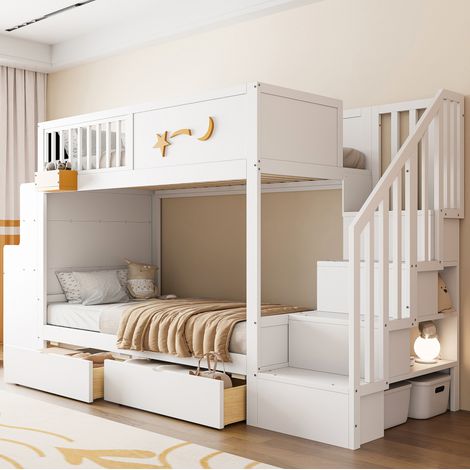 Etagenbett für Kinder weiß 90x200 cm aus Kiefernholz mit Schreibtisch, Treppe und Schubladen (1/5)
