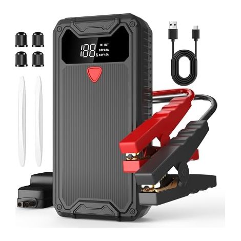 Car Jump Starter Portable Battery Booster for Gas Diesel Engine, Dual USB Charger, LED Flashlight SOS Smart Clamps, Tire Valve Caps (1/5)