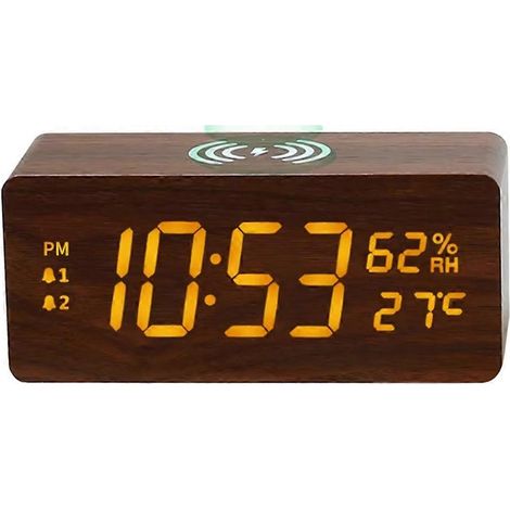 Horloge calendrier LED multifonctionnelle à chargement rapide 15 W, en bois, avec affichage de la température et de l'humidité, sans fil un cadeau étudiant d'ABoun. (1/5)