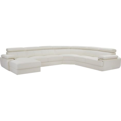 Vente-Unique – Canapé d'angle gauche panoramique 7 places en cuir de vachette blanc – Têtières relax multiposition – Piétements métal chromé – Longueur 355 cm (1/5)