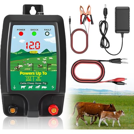 Dispositif de clôture électrique 12V avec affichage LED, clôture électrique étanche 10 km de portée 1,5-2 joules, dispositif de clôture électrique étanche pour la protection des animaux de ferme (1/5)
