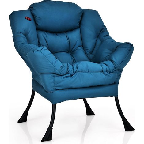 Fauteuil détente bleu marine en tissu polyester avec structure en acier, appuie-tête intégré et poche latérale pour salon (1/5)