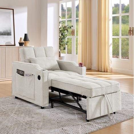 Fauteuil convertible 190 cm beige en bois et tissu avec USB, USB-C, porte-gobelet et dossier réglable
