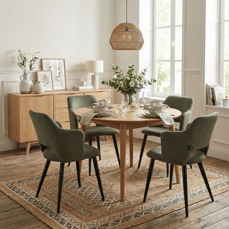 Meubles Cosy AKANJI Pack de 4 sillas de comedor escandinavas con reposabrazos, tela antirrayaduras verde y patas de metal negro