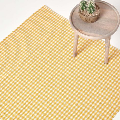 HOMESCAPES Cotton Gingham Check Rug Hand Woven Yellow White, 60 x 90 cm