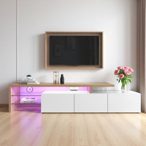 197 cm TV-Lowboard mit Stauraum – TV-Bank mit 3 Türen, weiß lackiert, 2 Glasböden, LED-Beleuchtung