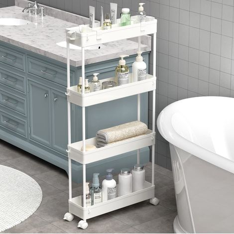 Chariot de Rangement Fin à 4 Niveaux pour Salle de Bain Chariot de Rangement Coulissant Étagère Mobile pour Bureau, Salle de Bain, Cuisine, buanderie Endroits étroits Blanc (1/5)