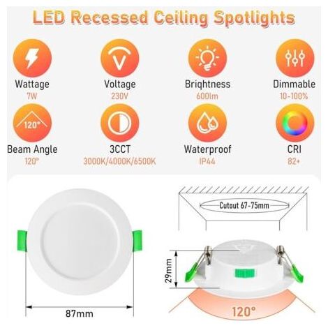 Spot encastrable salle de bain 7W – Lot de 6 – IP44 étanche – Températures de couleur 3000K/4000K/6500K – Trou de montage Φ67-75mm (1/5)
