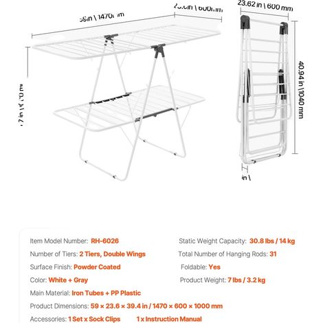 Séchoir à linge, hauteur réglable, design pliable, 31 Barres de Suspension 2 Niveaux (1/2)