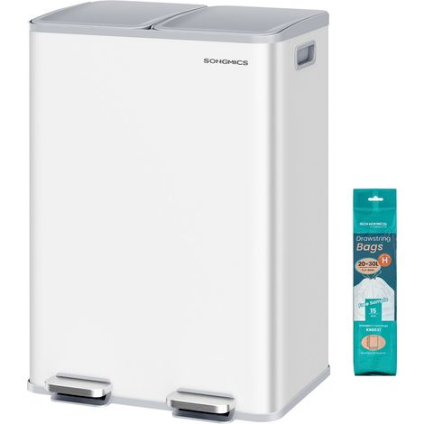 Poubelle de Cuisine, 2 x 30 L, 2 Compartiments, Poubelle à Pédale, Couvercle à Fermeture Douce, avec Seaux Intérieurs, Acier, 15 Sacs Poubelle Inclus, Blanc Mat