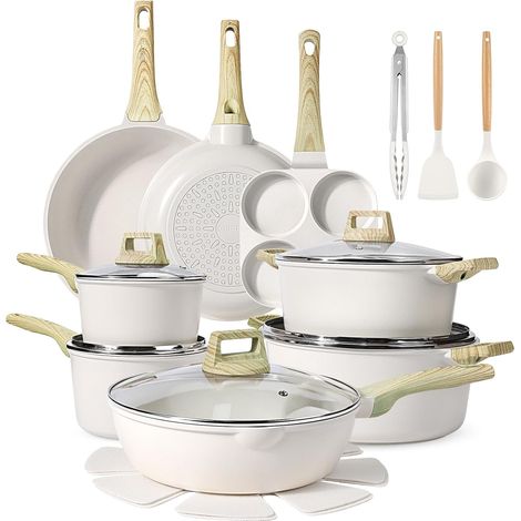 22 Pièces Batterie Cuisine Antiadhésive Tous Feux y Compris Induction Poêle, Casserole, Wok, Poêle à œufs et Cocotte Revêtement en Granit, Non Toxique, Compatible Lave-Vaisselle, Blanc (1/5)