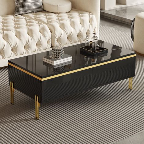 Table basse en panneaux de particules noir brillant 100 cm avec tiroirs des deux côtés (1/5)