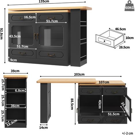 Table de bar extensible noire avec rangement (135-203×39×92,8 cm), table à manger pivotante 360°, idéale pour chambre, salon ou salle à manger, table haute télescopique avec éclairage LED, parfaite po (1/5)