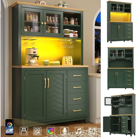 Buffet cuisine meuble rangement campagnard 4 portes LED porte-gobelets 105,5×40×180 cm vert (1/5)