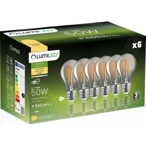 6 lampadine LED E27 A60 6W = 50W 660lm 2200K Luce calda 360° FILAMENTO FUMÉ LUMILED