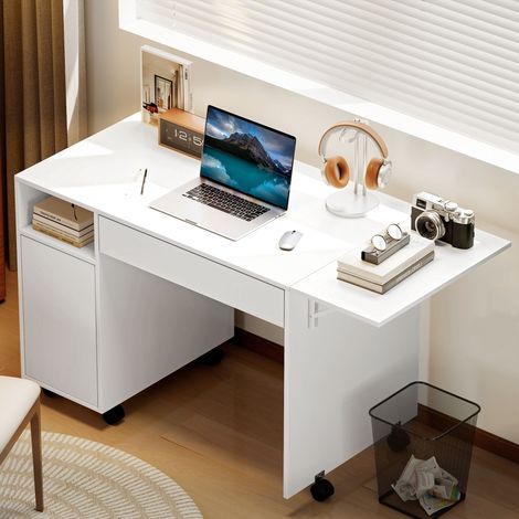 Rollbarer Computertisch, klappbarer Schreibtisch mit Schrank und Schublade, Spanplatte, Weiß