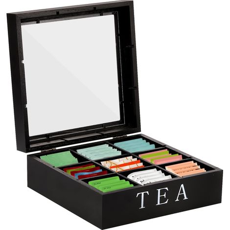 Boîte à thé, boîte à sachets de thé, 9 compartiments individuels, boîte à thé en bois, boîte à thé élégante, boîte de rangement avec couvercle en verre transparent. (1/4)