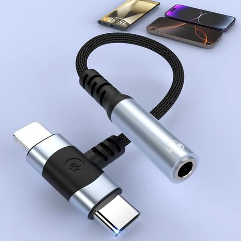 Adaptateur audio 2-en-1 Lightning et USB-C vers prise jack 3,5 mm, répartiteur auxiliaire pour iPhone 16/15/14/13/12/11, iPad, Samsung, argent (1/5)
