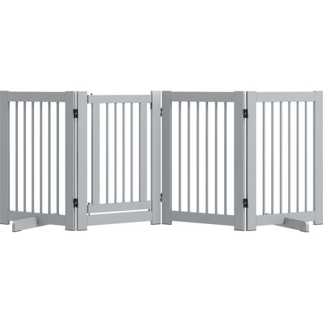 Freistehendes Hundegitter, 4 Paneele, flexibel, Kiefernholz, 204L x 36B x 75H cm, Hellgrau