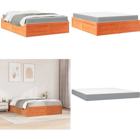 Lit avec matelas cire marron 140x200 cm bois massif de pin - Lit Double - Lit Plateforme - Lit Bois Massif - Matelas Ressorts Ensachés - Literie - Home & Living