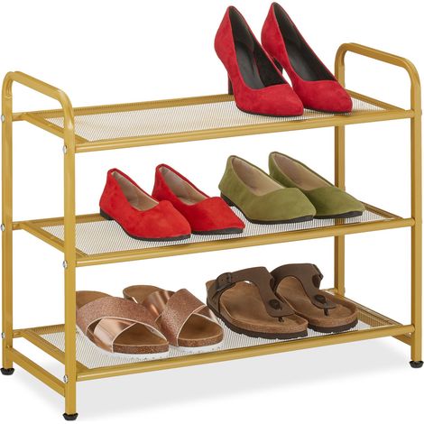 Relaxdays Zapatero, 6 Pares Zapatos, Bambú, 48 x 60 x 25 cm, Soporte Metal Calzado, Estrecho, 3 Baldas, Pasillo, Dorado