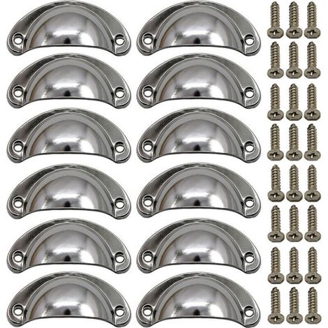 10 Vintage Shell Handles for Drawers, Cabinets, and Kitchen Furniture, Curved Iron Retro Cupboard Door Knobs, 8.2 x 3.5 cm - Silver (1/4)