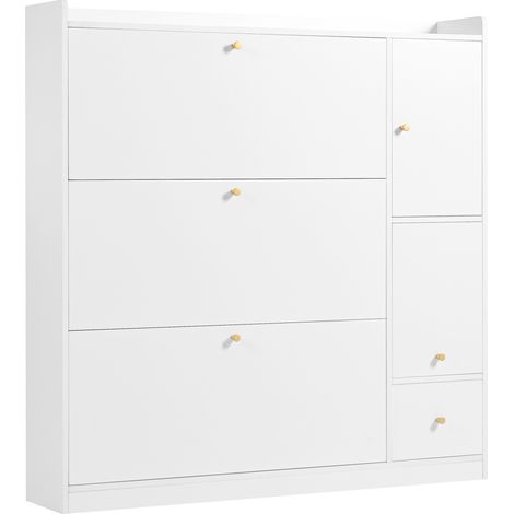 Weißer Schuhschrank mit 3 Klappen, klappbarer Bank und Seitenfach 119 x 24 x 122 cm (1/5)