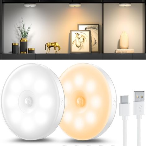 Juego de 2 luces nocturnas con sensor de movimiento, lámpara LED recargable por USB con tres colores, luz interior con sensor de movimiento para iluminar escaleras, dormitorio, cocina