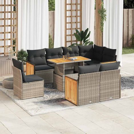 vidaXL Cuscini da giardino - Set Divano da Giardino 9pz con Cuscini Grigio Polyrattan Acacia (1/5)