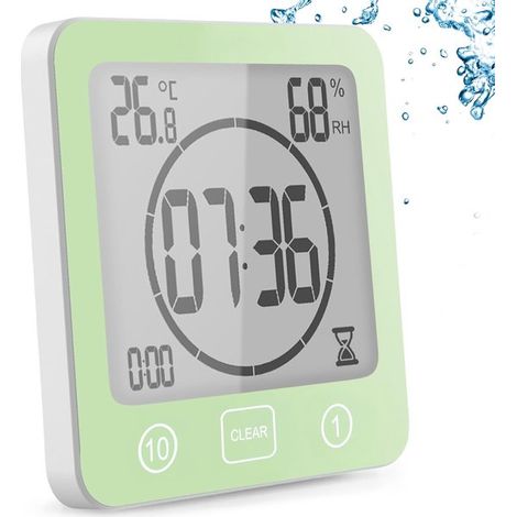 Badezimmeruhr digitaler Duschtimer mit Saugnapf wasserdichte Duschuhr mit Hygrometer und Thermometer Countdown-Funktion digitaler LCD-Alarm für grün (1/5)