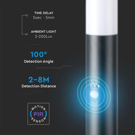 V-Tac – Lampadaire d'extérieur anthracite avec détecteur de mouvement – Acier inoxydable – IP44 – 2 prises externes – 60 cm de hauteur (1/10)