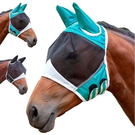 Masque anti-mouches pour chevaux, grande taille, protection UV, avec oreilles, respirant et anti-moustiques (1/4)