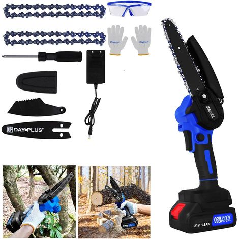 Mini tronçonneuse sans fil de 15 cm avec 1 batterie de 1,5 Ah, 1 chaînes, 1 plaque de guidage, 2200 spm, pour le jardinage et le bois (1/5)