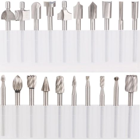 HSS Fraises à Défoncer, 20Pcs 3mm 1/8" fraises acier rapide fraises à Bois Kit d'Accessoires Fraises à Défoncer pour Outil Multifonction Rotatif Pour Dremel Foredom Proxxon Rotatif Outil -OQA0384 (1/4)
