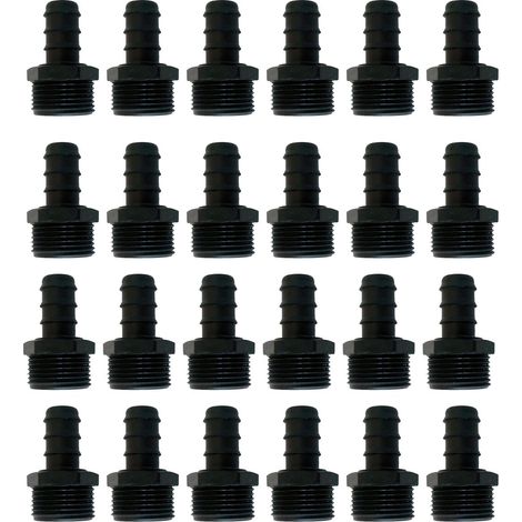 Enlace de goteo negro 16mm x 3/4 (Pack x 50) Accesorio de goteo imprescindible para cualquier instalación de riego por goteo. Útil para unir una tubería de 16mm con una pieza roscada. Rosca macho (1/5)