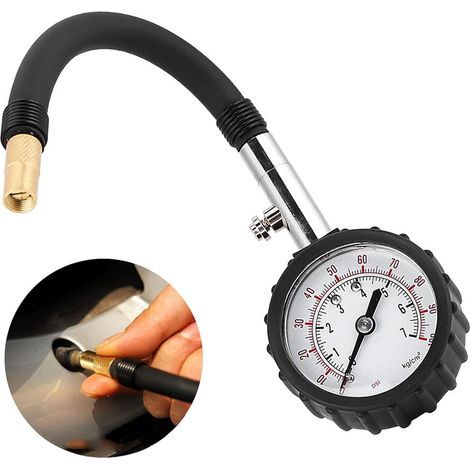 Testeur de pression pneus – Manomètre précis 0-100 PSI – Tuyau flexible 360° – Compatible voiture, vélo, moto – Outil léger et durable (1/5)