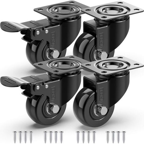 4 Roulettes Pivotantes Pour Meubles dont 2 avec Frein + Vis - 50mm Jusqu'à 200KG - Roulette Sans Traces au Sol pour Charge Lourde - Roue en Caoutchouc pour Chariot - Noir (1/5)
