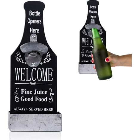 Ouvre-bouteille mural avec récipient de récupération, tire-bouchon mural pour bar, cuisine, terrasse - cadeau pour homme (Noir) (1/5)