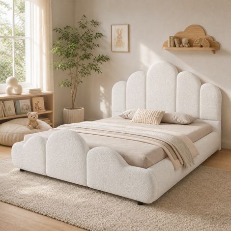 Kinderbett 140x200 cm beige aus Bouclé mit Lattenrost, gepolstertem Kopfteil und abgerundeten Kanten (1/5)