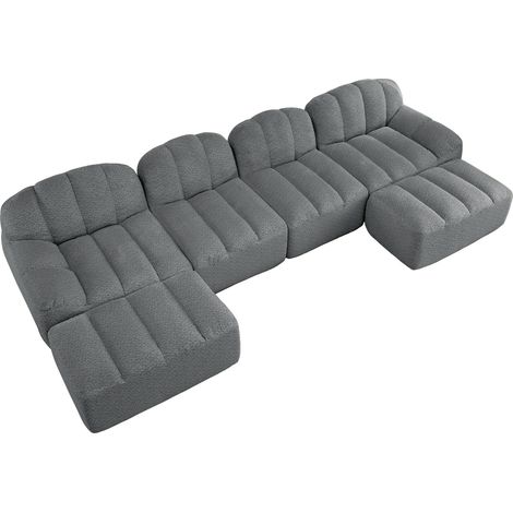Canapé modulable en U 4 places avec 2 poufs, mousse haute densité 32D, tissu gris (1/5)