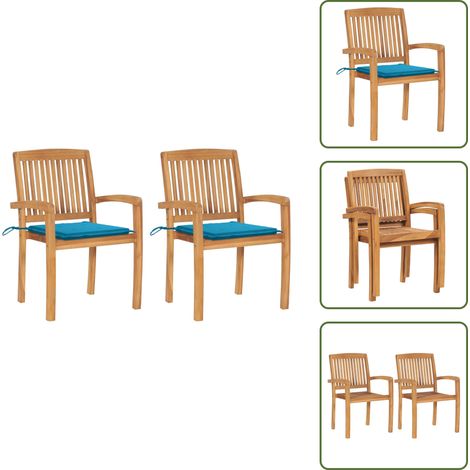 The Living Store Gartenstühle 2 Stk. mit Blauen Kissen Massivholz Teak - Holzstühle (1/5)