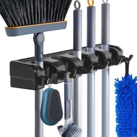 Wall-mounted broom holder with 5 slots and 6 hooks/Wall-mounted broom holder for bathroom, kitchen or garage