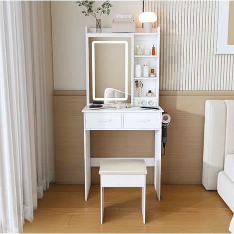 Coiffeuse 60/136/36 cm blanche avec miroir, LED réglable et tabouret rembourré (1/5)
