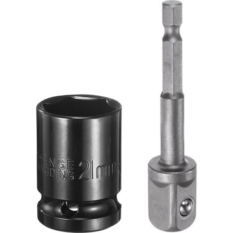 Douille à choc à 6 points 1/2" Drive 21mm Douille métrique 1.5" Longueur avec Adaptateur de tige hexagonale 1/4", douille en acier CR-V pour boulons et écrous hexagonaux (1/5)